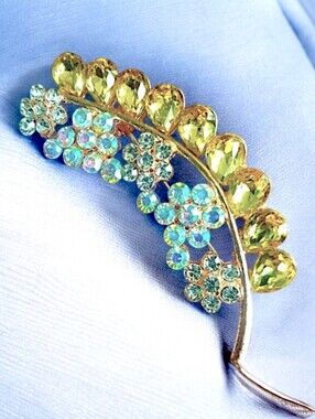 Citrine And Aurora Borealis Rhinestone Leaf Brooch